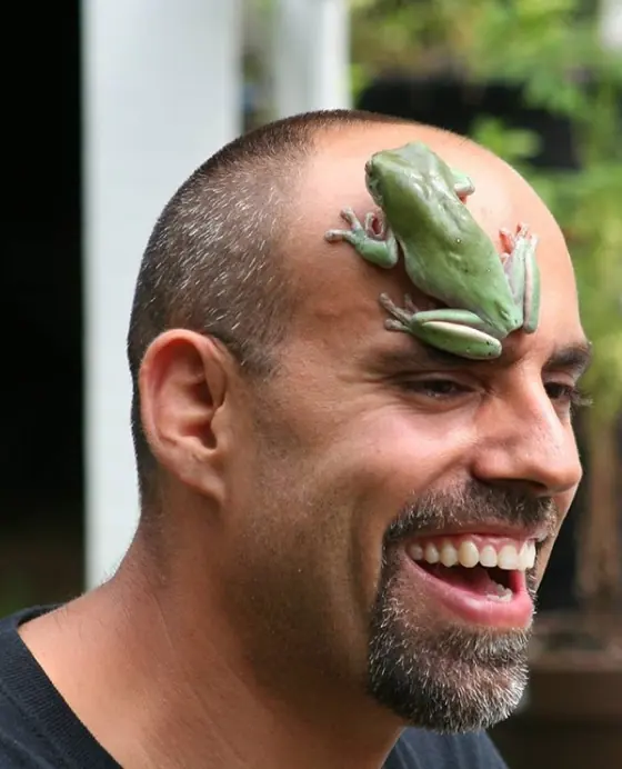 Dominic Rizzo with a green frog perched on his forehead