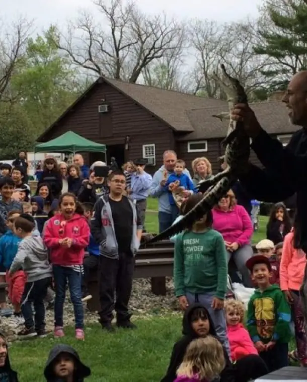 Large outdoor crowd of families watching a live animal show